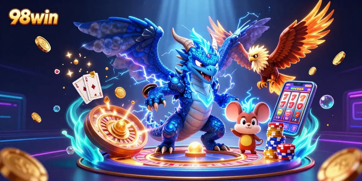 Experience thrilling wins with 98win as dynamic gaming characters and vibrant casino elements come alive in an engaging scene.