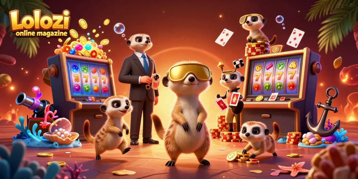 Lolozi online magazine showcases meerkats operating a colorful slot casino, revealing dynamic gaming action and playful energy.