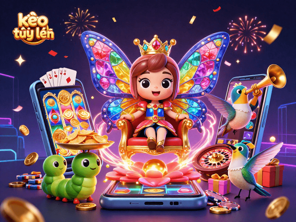 Engage with kèo trực tuyến through vibrant casino elements in a colorful 3D scene featuring a butterfly queen.