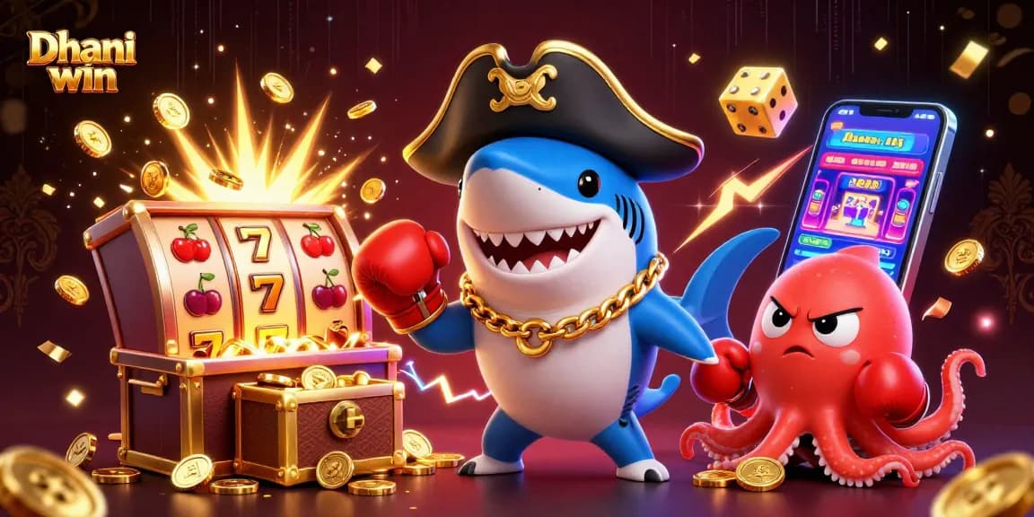 Dhani win pirates celebrate jackpots with colorful slots and coins bursting in a lively 3D scene.