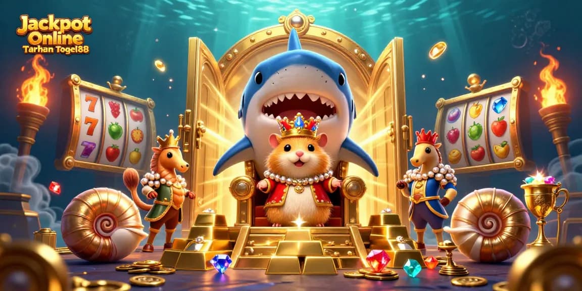 Experience the thrill of Jackpot Online Taruhan Togel88 with a vibrant 3D cartoon illustration showcasing an underwater casino adventure.