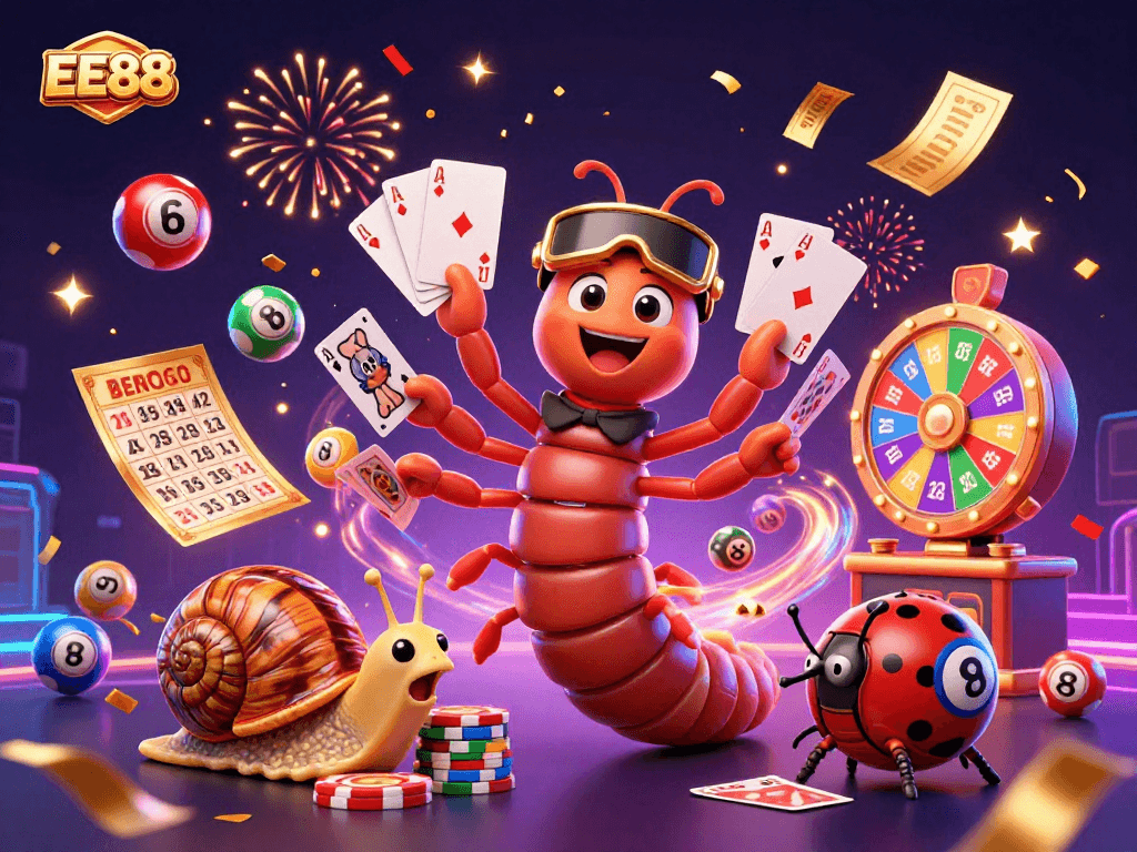 Experience thrilling gaming moments with the EE88 casino scene featuring vibrant characters and lottery elements.