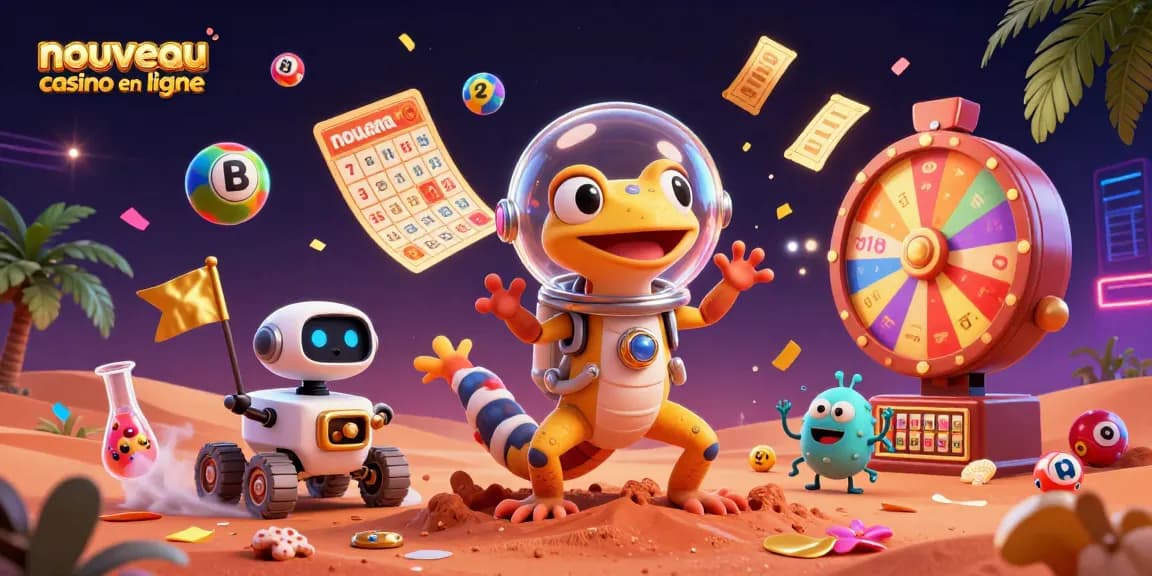 Illustration d'un nouveau casino en ligne avec un gecko martien découvrant un trésor sur Mars.