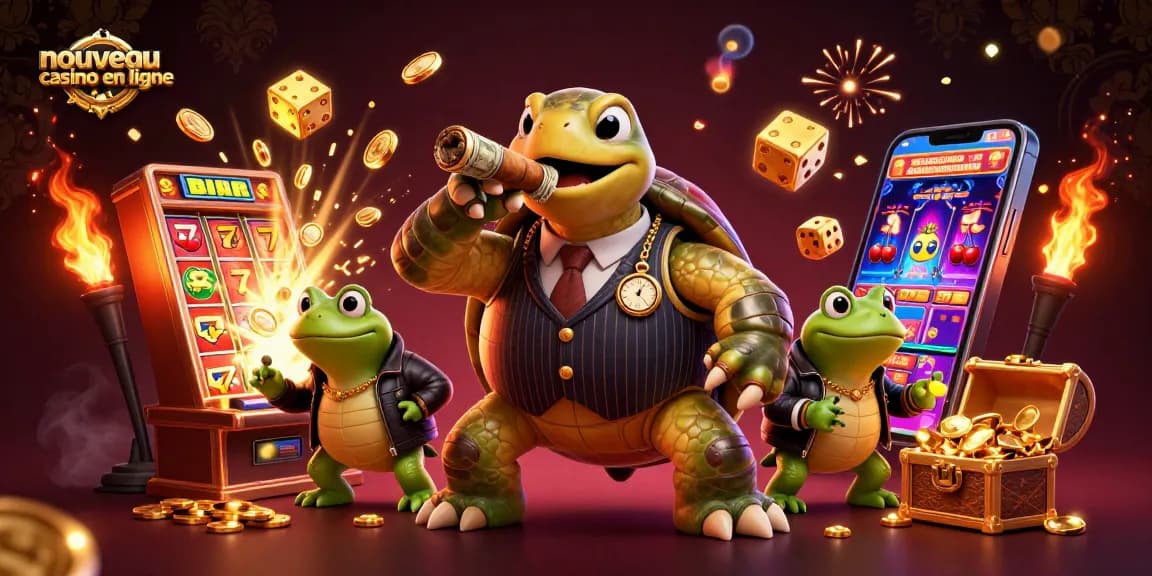 Nouveau casino en ligne avec une illustration de tortue massive en costume de gangster et grenouilles en veste, entourés de machines à sous.