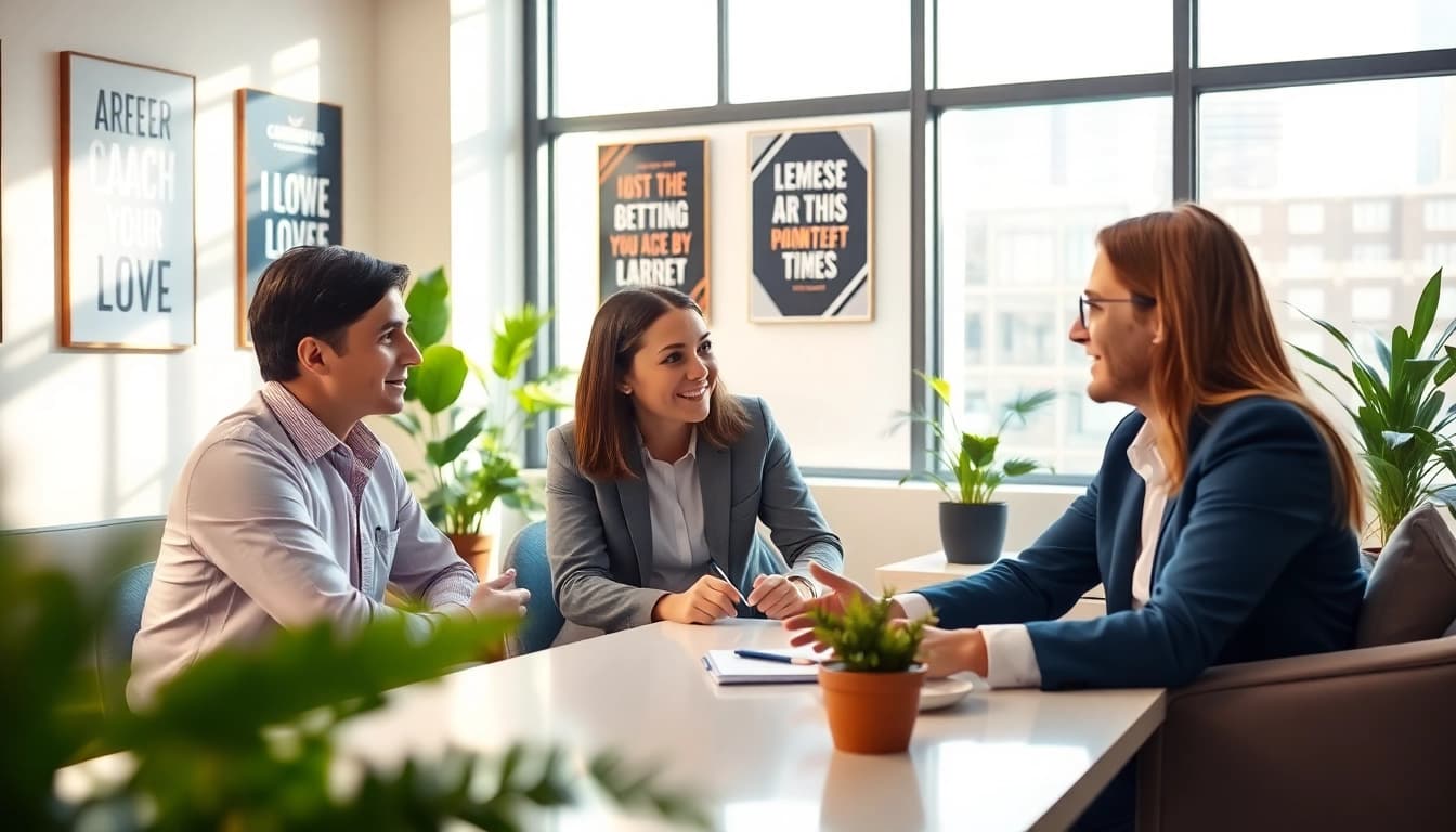 Career coaching session with a professional coach and client in a bright office.