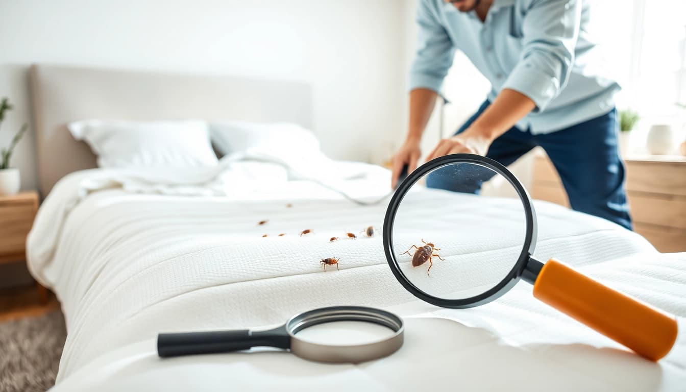 Expert conducting bed bug removal inspections in a well-lit bedroom environment.