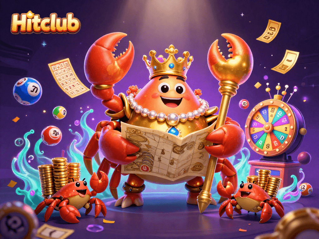 Hitclub's vibrant 3D illustration shows a golden crab emperor amidst dynamic lottery elements.