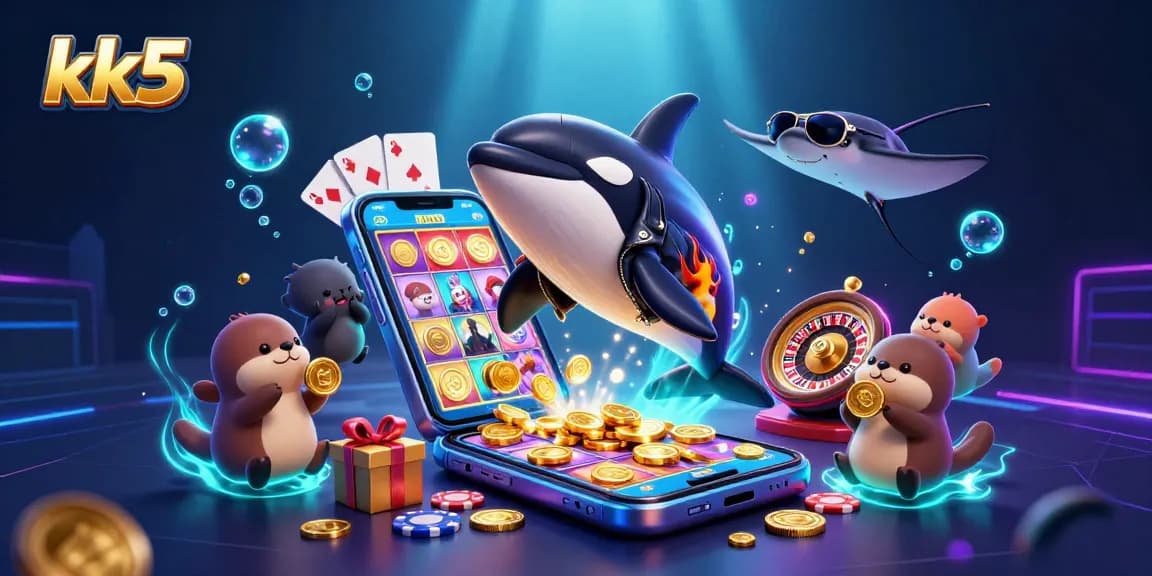 Experience thrilling game wins with kk5 as colorful slot games and golden coins fill the scene.