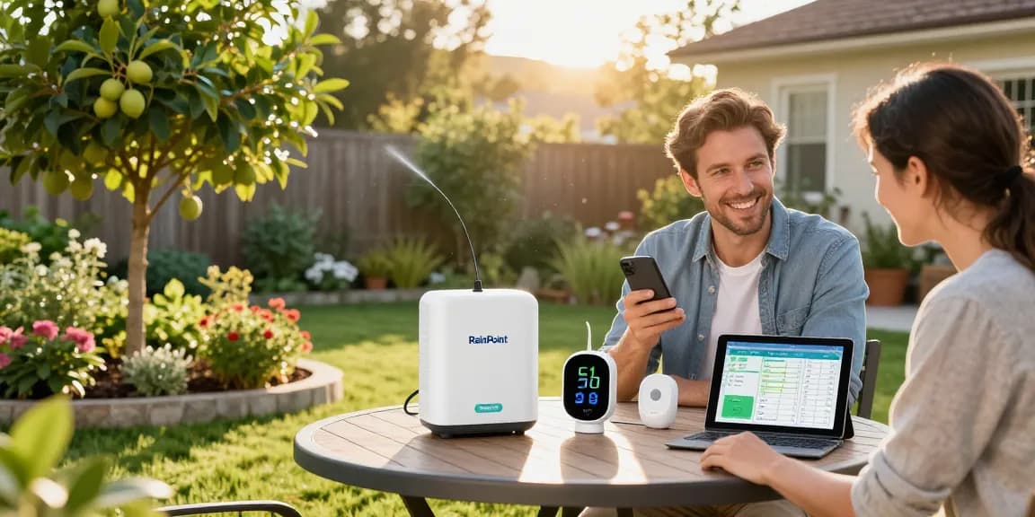 Homeowner setting up rainpoint wifi irrigation system in a vibrant garden.