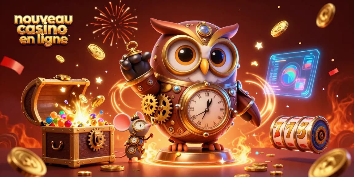 Profitez du nouveau casino en ligne avec des symboles de machines à sous et un hibou steampunk.