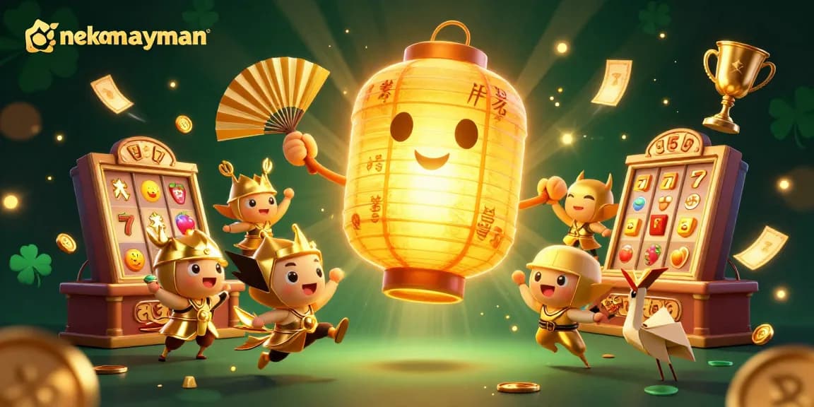 Neko May Mắn game showcases golden lantern spirit and slot elements for thrilling wins.
