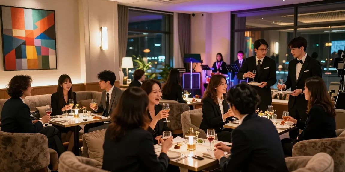 강남구구단 쩜오의 고급스러운 내부 인테리어와 손님들이 즐기는 모습