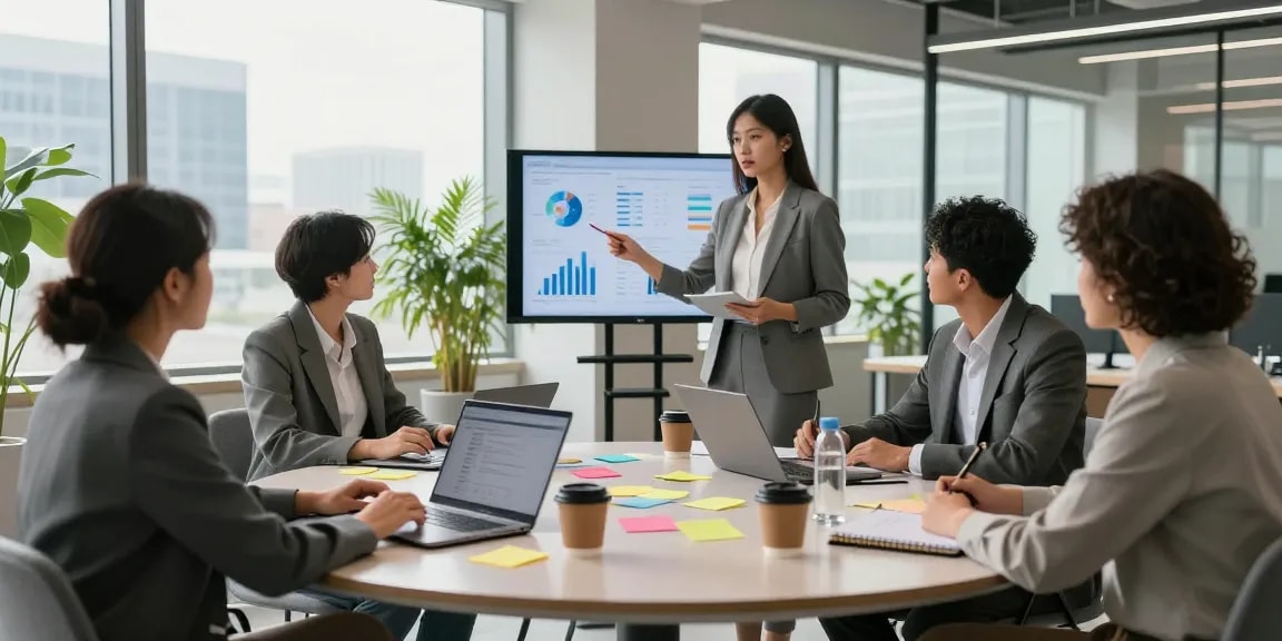Team collaborating in a modern office setting, see more details about their innovative strategies.