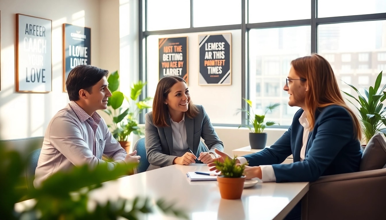 Career coaching session with a professional coach and client in a bright office.