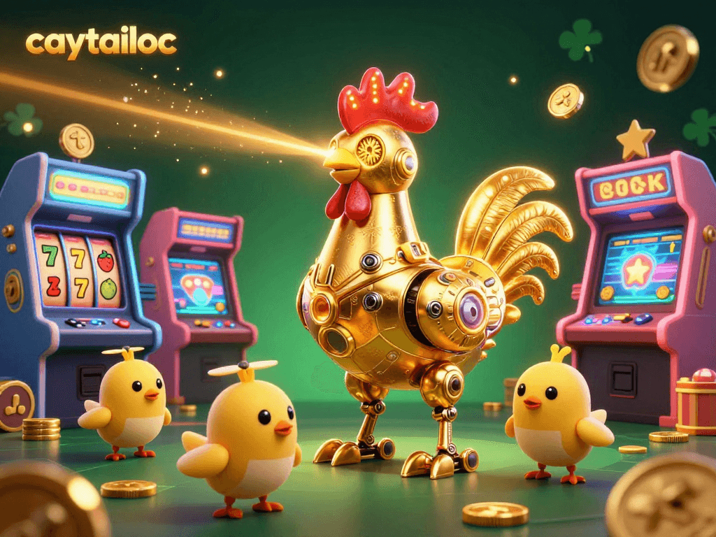 Experience the thrill of caytailoc with a golden rooster robot leading baby chick drones in a vibrant casino adventure.