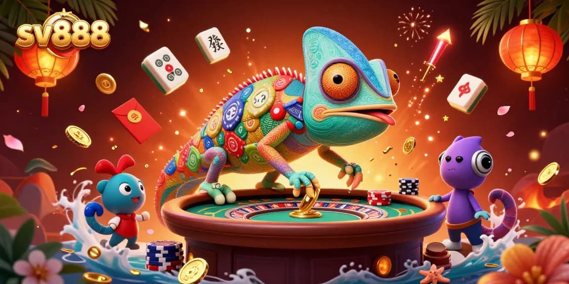 Experience the vibrant sv888 casino with a colorful chameleon capturing golden coins amidst festive elements.