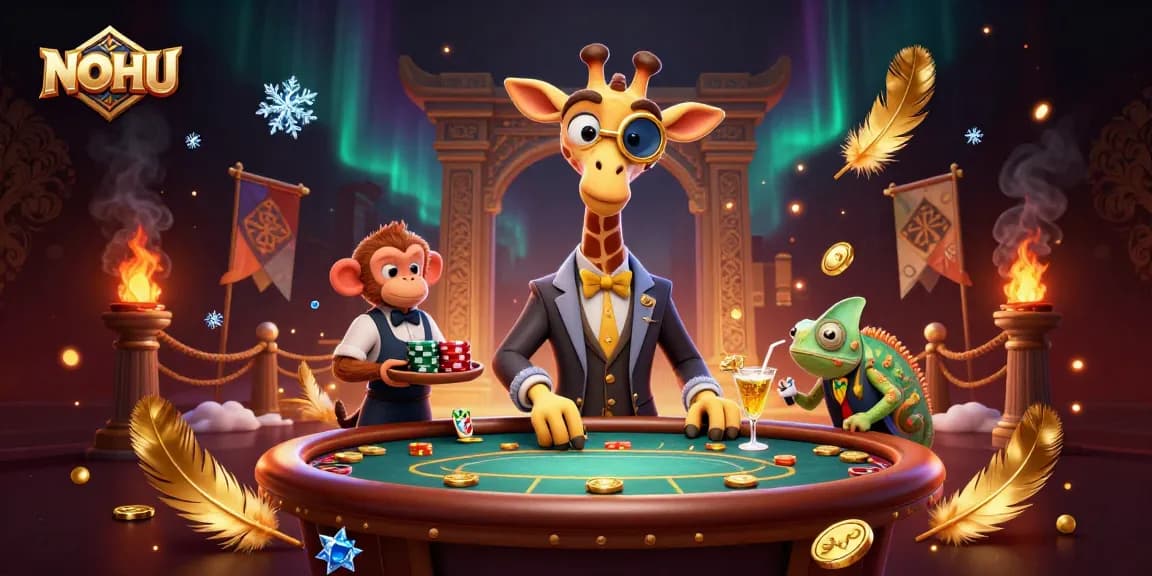 NOHU captures the essence of high-stakes gambling with a giraffe, monkey, and chameleon in an animated casino scene.