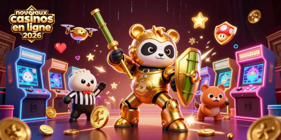 Illustration dynamique de nouveaux casinos en ligne 2026 avec un panda doré pilote de robot.