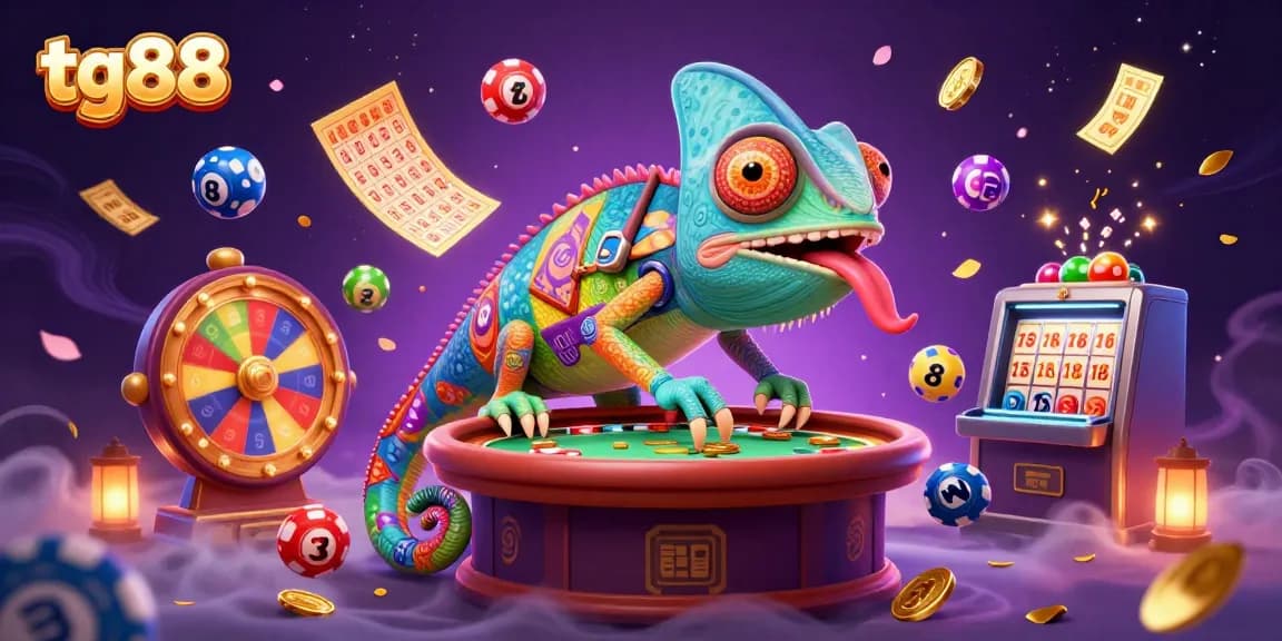 Win big at tg88 with vibrant cartoon elements of casino games and colorful lottery balls bouncing around!