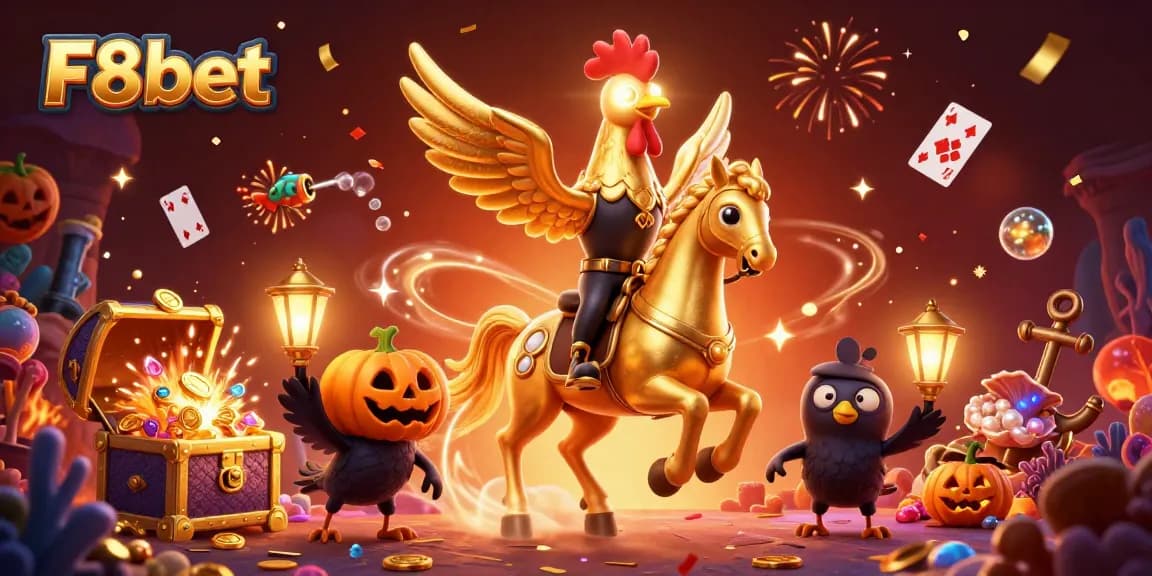 Experience the thrill of F8bet with a golden rooster in a vibrant casino environment.
