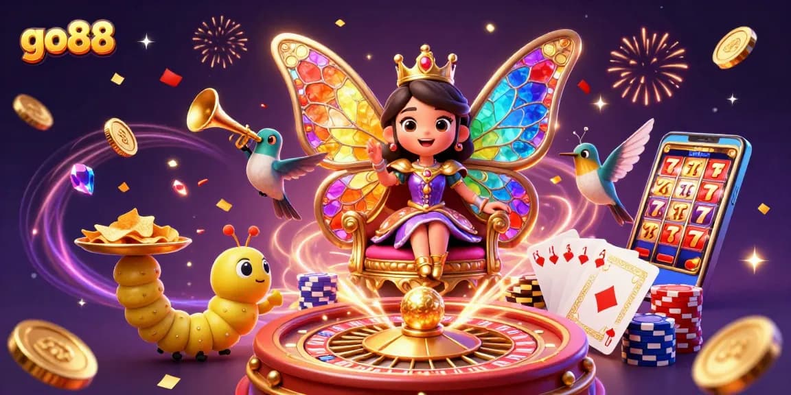 Experience go88's casino excitement with a vibrant butterfly queen and dynamic gaming elements.