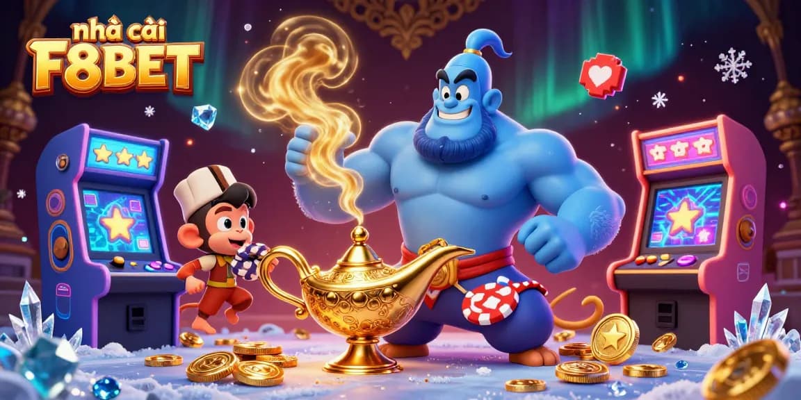 Play at nhà cái F8BET with a dynamic scene of a magical genie, poker chips, and glowing games.