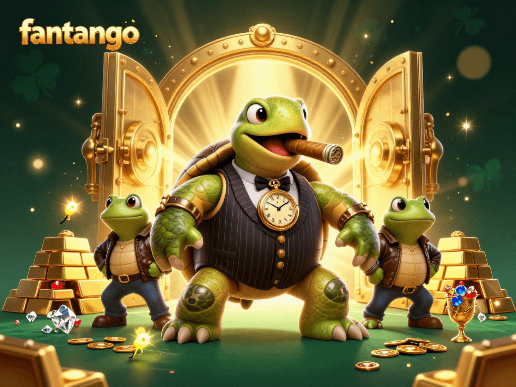 Experience the thrill of fantango as a snapping turtle and bullfrog enforcers interact at a vibrant casino scene.