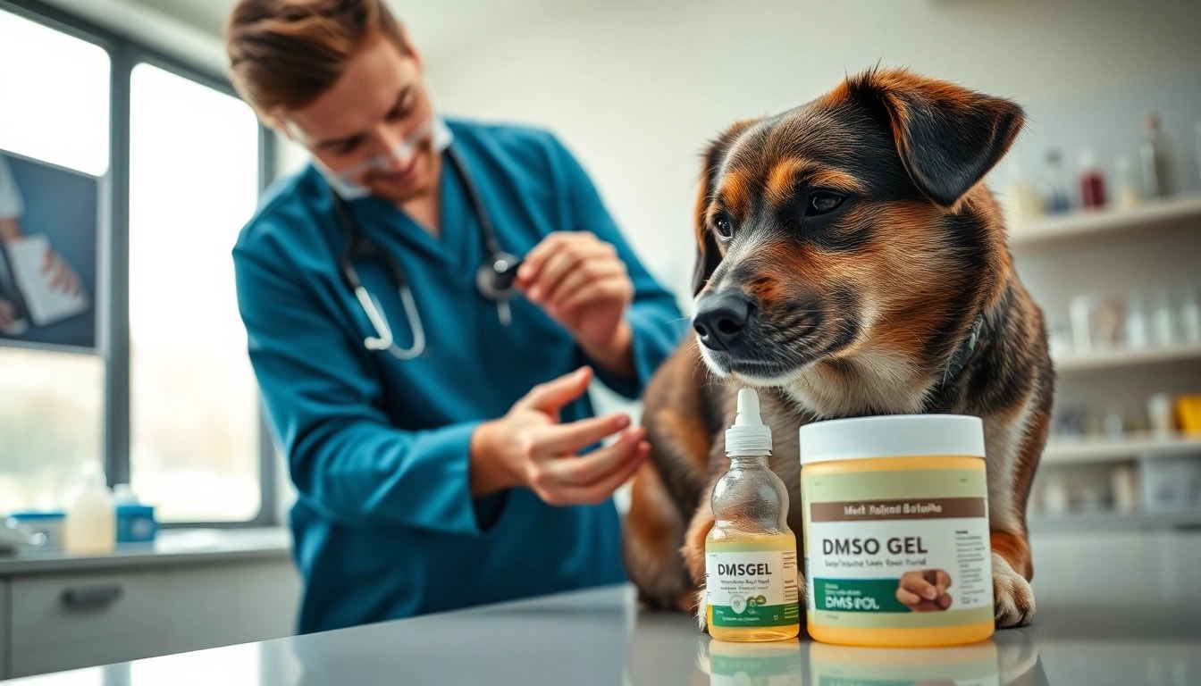 Veterinarian applying dmso for dogs gel on a joint in a pet clinic, enhancing comfort.