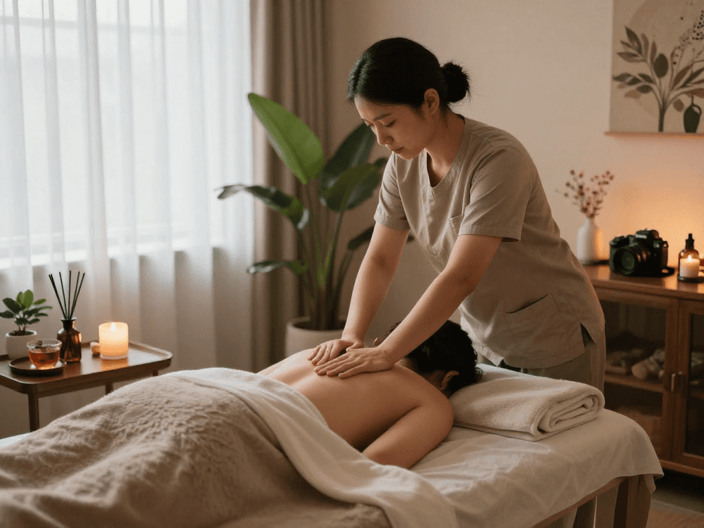 Relaxing massage therapy session at Balanced Massage with mantra88 oils soothing clients in a serene atmosphere.