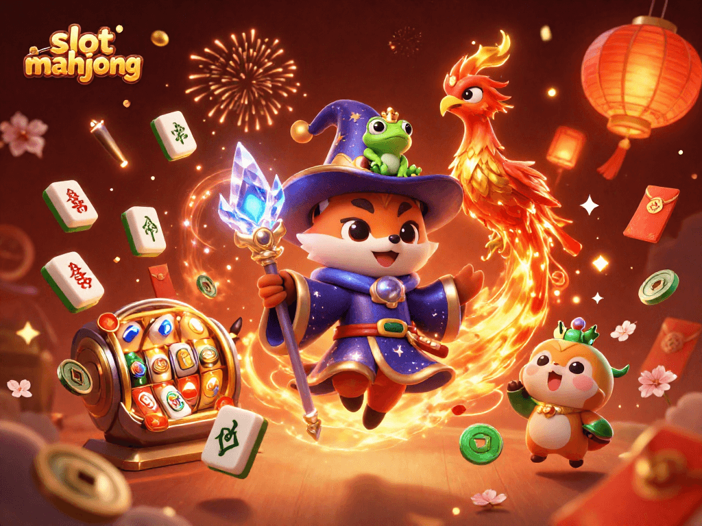 Play slot mahjong with fantasy characters and vibrant casino elements in this dazzling illustration.