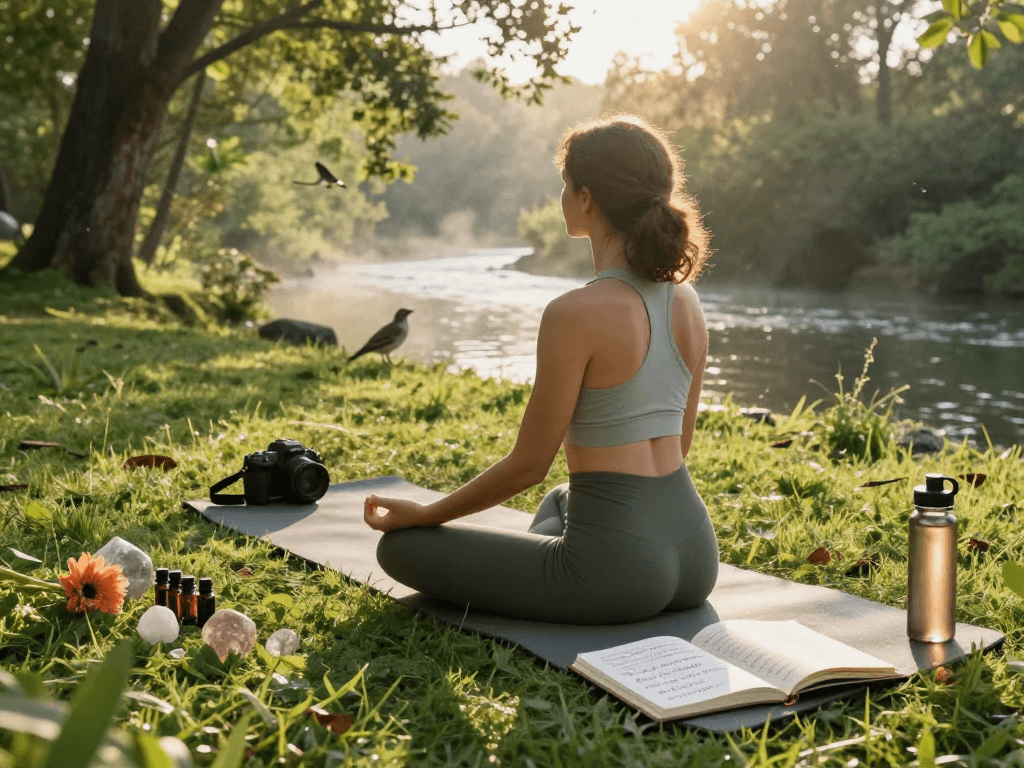 mantra88 meditation scene in nature with person, yoga mat, and tranquility