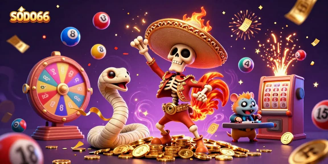 Experience thrilling wins at SODO66 with vibrant lottery balls and festive characters celebrating a jackpot!