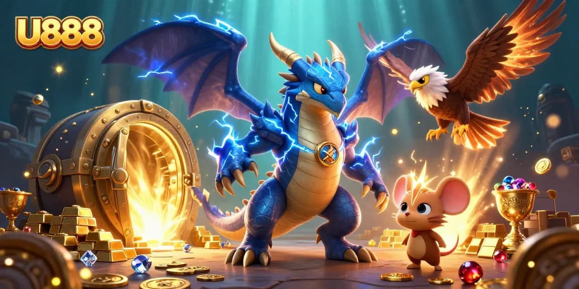 Experience U888's thrilling casino action with a dynamic illustration of characters amidst treasures and excitement.