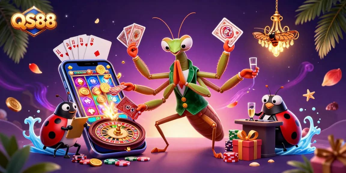 Experience excitement with QS88 as the mantis card sharp shuffles cards in this lively casino scene.