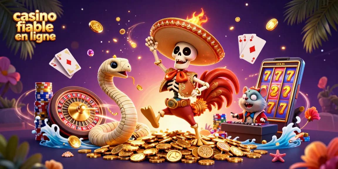 Un casino fiable en ligne où un roi mariachi danse sur des pièces d'or entouré de jeux lumineux.