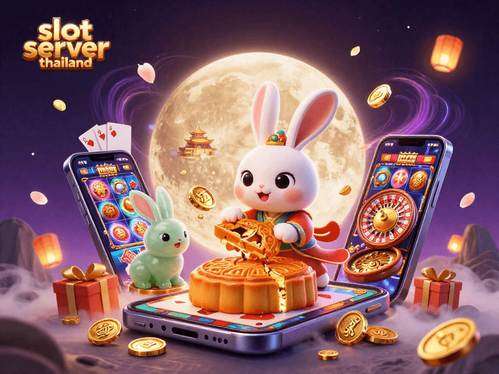 Spin the reels on slot server thailand as the moon rabbit reveals poker chips amidst a vibrant fantasy!