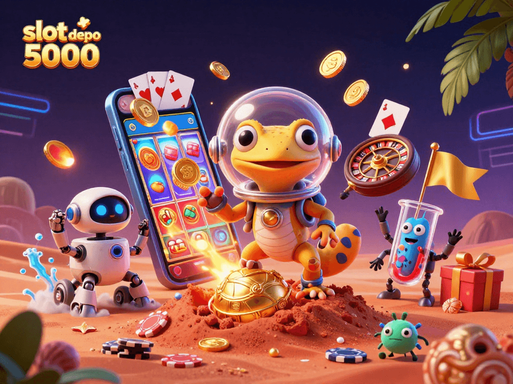 Engage with slot depo 5000 in a vibrant 3D scene featuring a Martian gecko discovering riches.