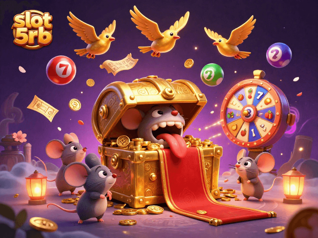 Experience slot 5rb excitement with dynamic spins and winning symbols in this vibrant digital illustration.