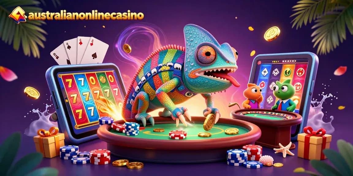 A vibrant scene of a chameleon casino owner amidst exciting gaming elements, showcasing australianonlinecasino's dynamic entertainment.