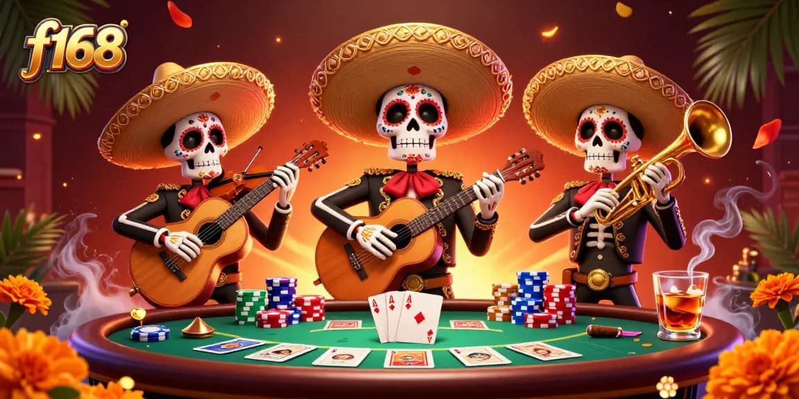 Catch winning moments at f168 with a vibrant mariachi band and poker gameplay scene.