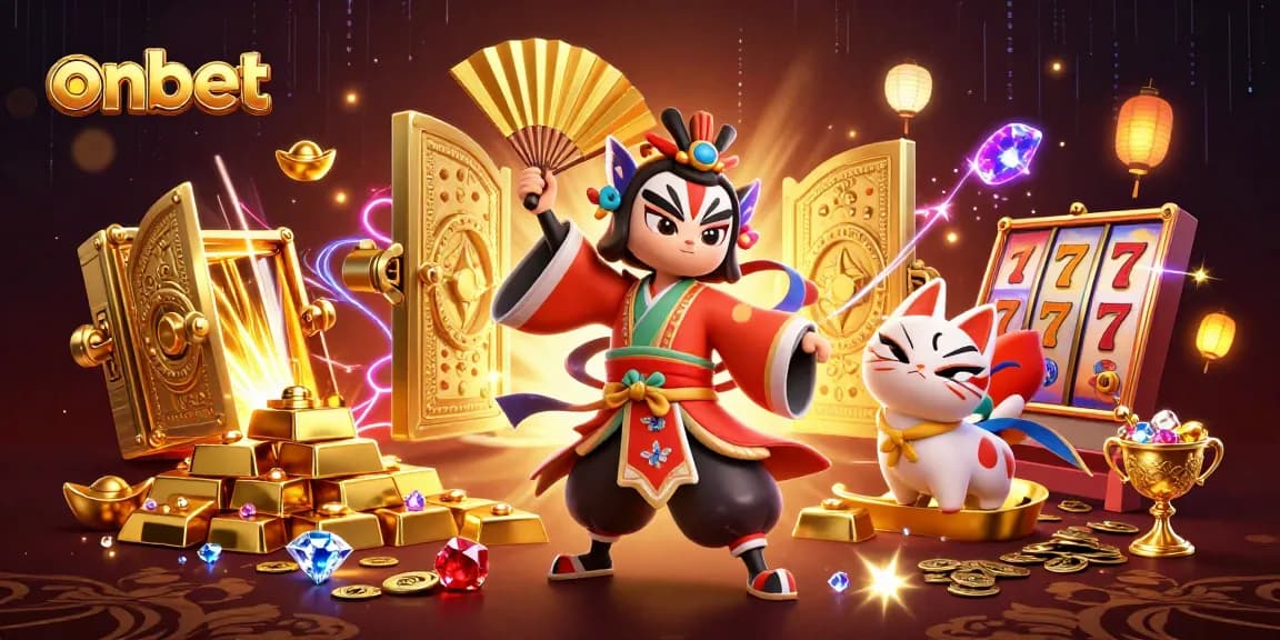 Experience thrilling gameplay with onbet's stunning casino illustration featuring vibrant slot game elements and characters.