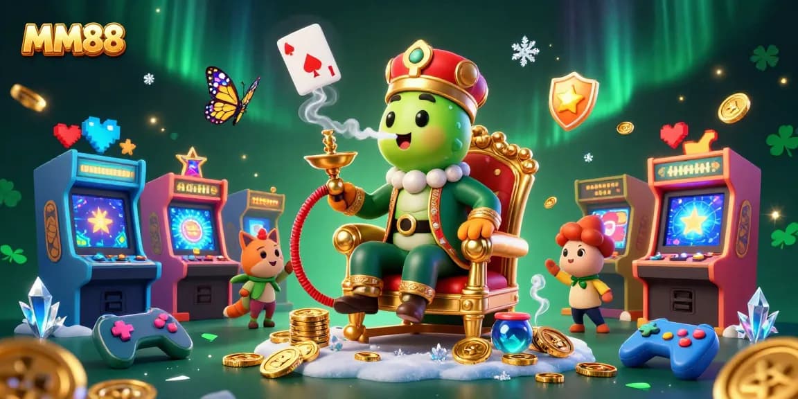 Engage with MM88's vibrant casino world through an enchanting 3D illustration filled with excitement.