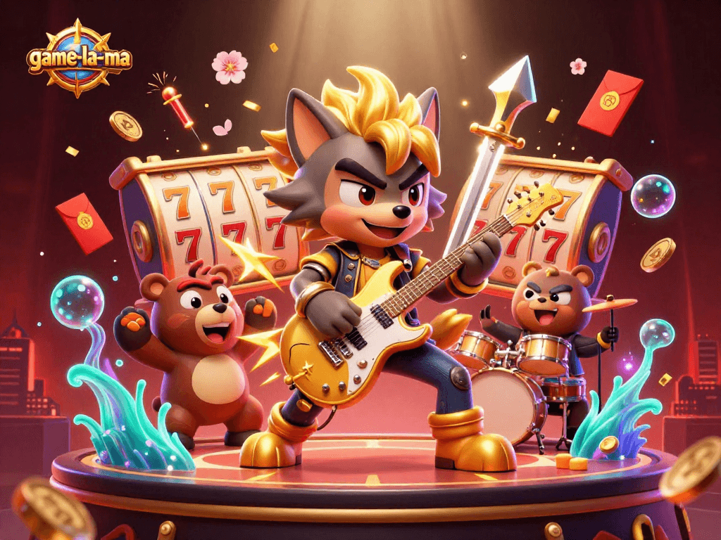Experience excitement with game-la-ma’s slot reels and 3D characters in an electric casino scene.