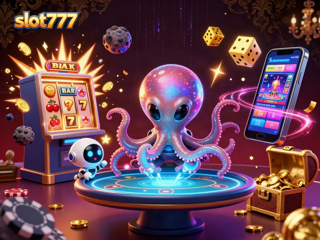Slot777 menampilkan alien cumi dan robot di meja poker holografik dengan jackpot slot yang memukau.