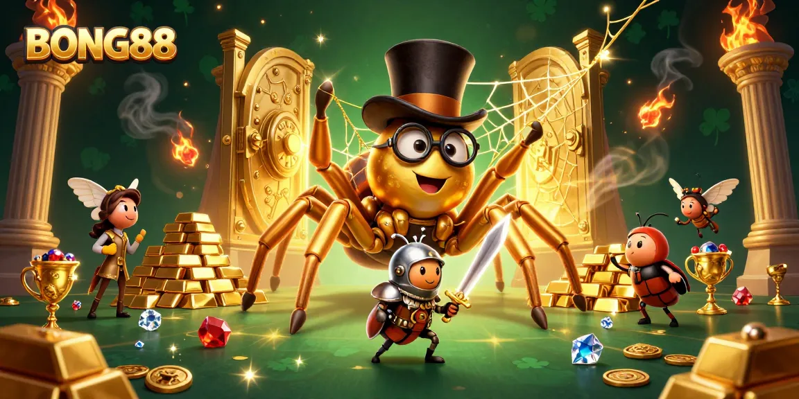 BONG88 attracts players with a vibrant casino scene showcasing gold coins and mystical characters.