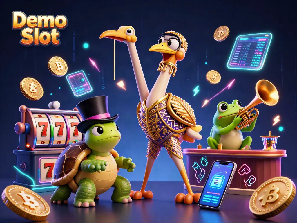 Engage with the thrilling Demo Slot experience featuring vibrant slot machines and animated characters.