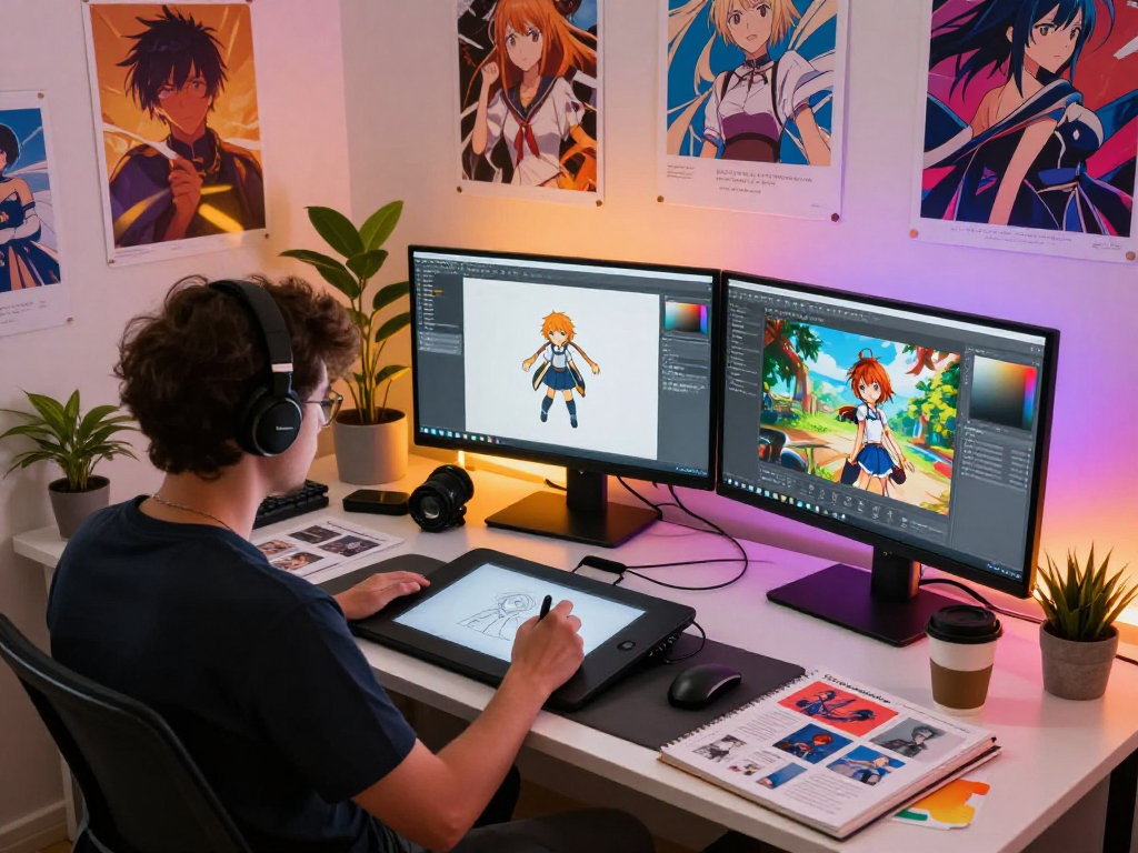 Creating ai hentai chat visuals in a vibrant digital art studio with interactive elements and creative atmosphere.