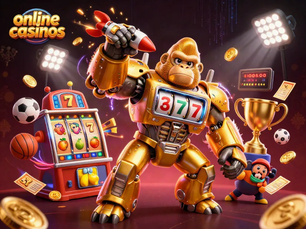 Experience the thrill of online casinos with a dynamic 3D illustration of a golden gorilla mech and slot elements.