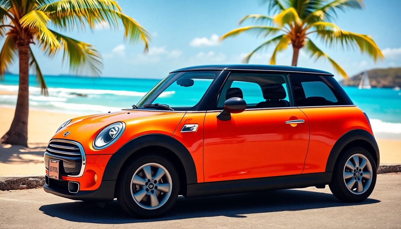 Explore our st barts mini cooper rental showcased against serene beach scenery.