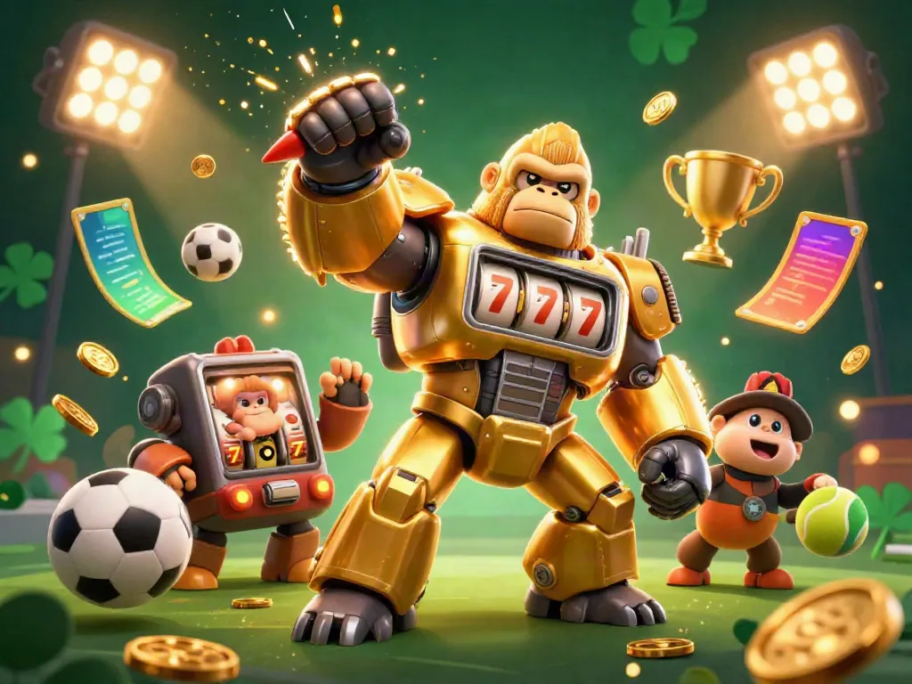 Experience the thrill of AE888 with a dynamic transformer-style golden gorilla mech surrounded by energetic sports-themed elements.